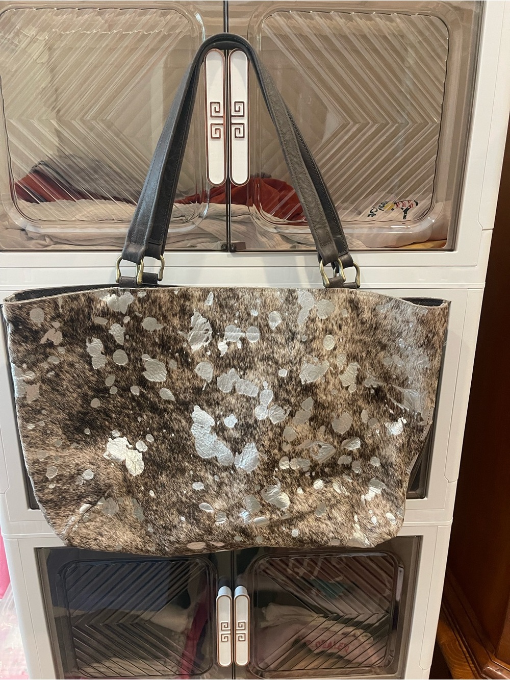 Brown Metallic Spot Tote Bag with Black Handles